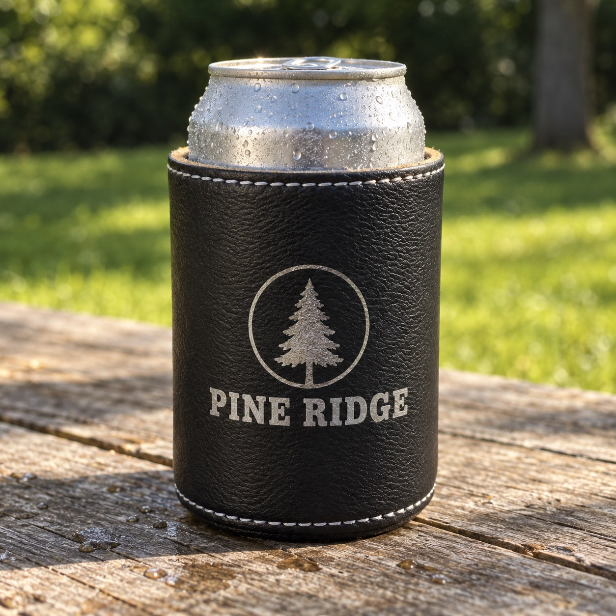 Black faux leather koozie with white stitching and a company logo engraved in light gray, holding a cold 12 oz can outdoors