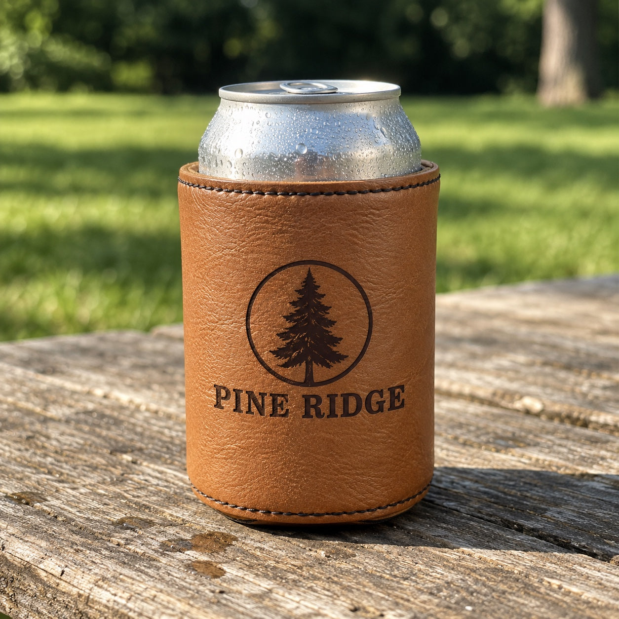 Saddle brown faux leather personalized koozie with a laser engraved company logo, holding a cold 12 oz can on a picnic table