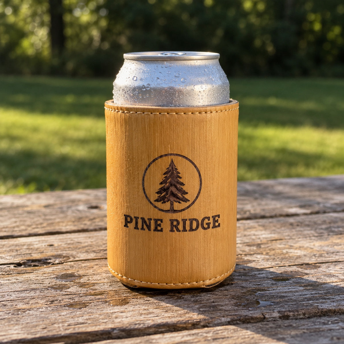 Camel faux leather custom logo koozie with a wood-grain texture, laser engraved with a company logo, holding a 12 oz can outdoors