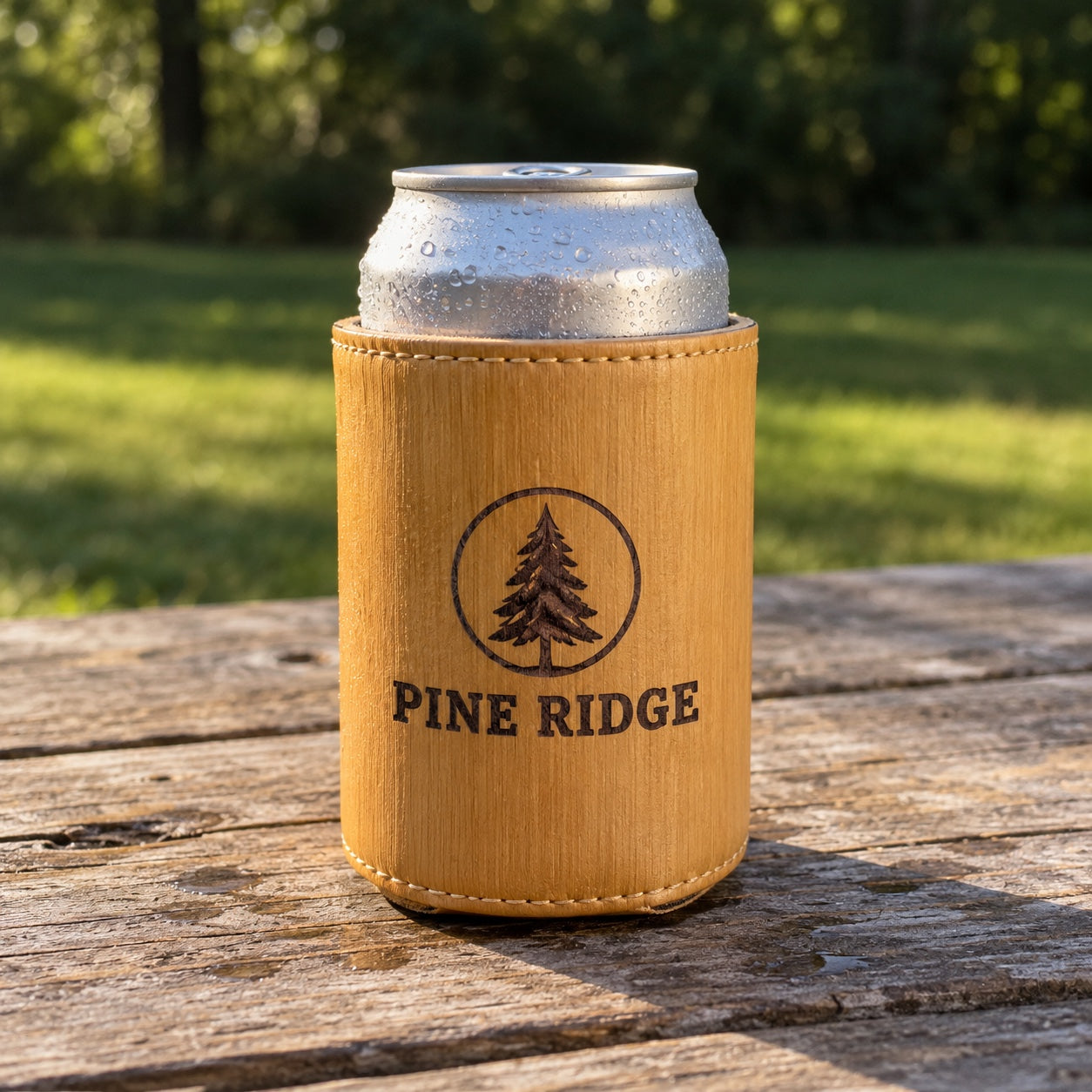 Camel faux leather custom logo koozie with a wood-grain texture, laser engraved with a company logo, holding a 12 oz can outdoors