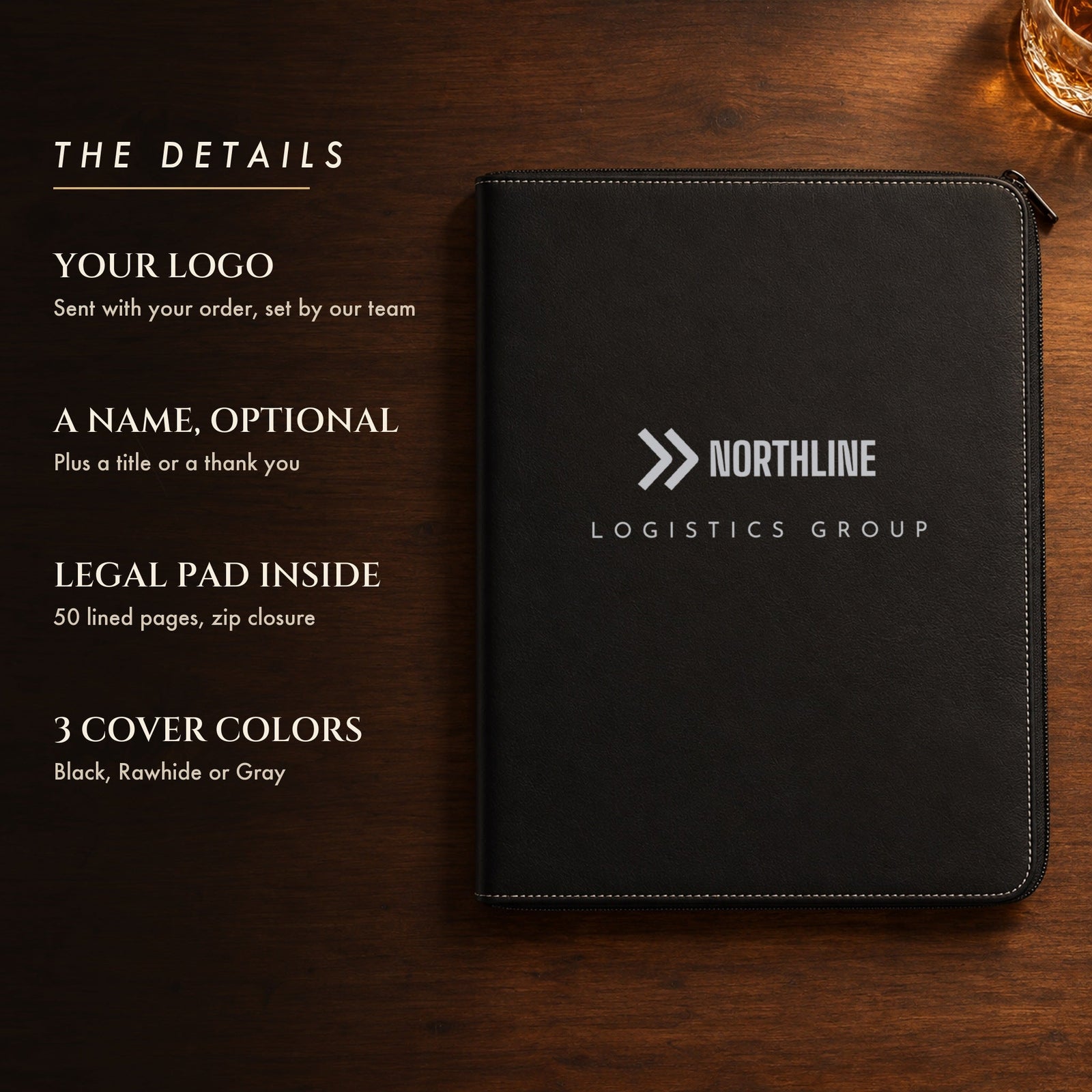 Details of the custom logo padfolio: your logo, an optional name and title, a lined legal pad inside and three cover colors, shown logo only in black