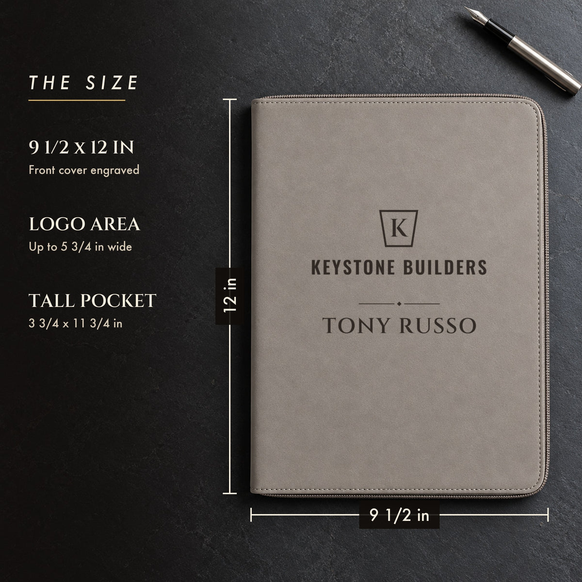 Size of the custom logo padfolio, 9 1/2 by 12 inches with a logo area up to 5 3/4 inches wide, shown in gray with a sample Keystone Builders logo