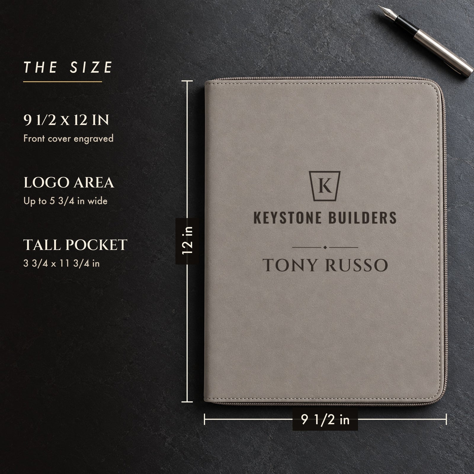 Size of the custom logo padfolio, 9 1/2 by 12 inches with a logo area up to 5 3/4 inches wide, shown in gray with a sample Keystone Builders logo