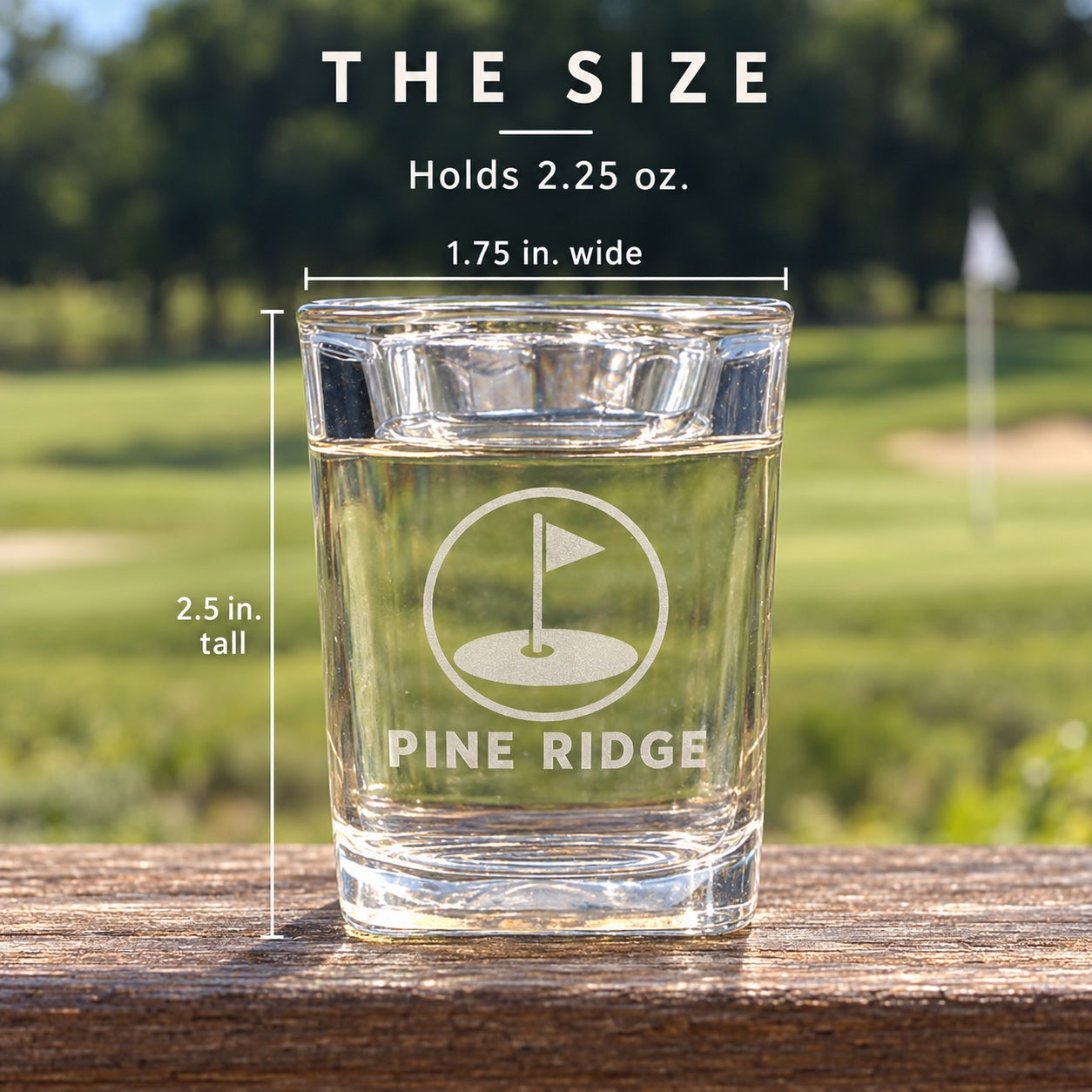 Size of the custom logo shot glass: 2.5 inches tall and 1.75 inches wide at the top, holds 2.25 oz with a heavy square base