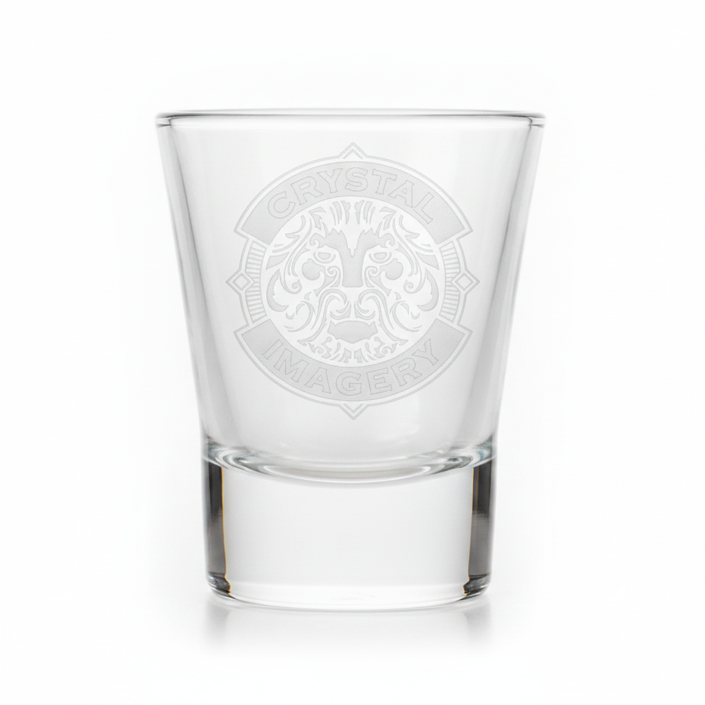 Shot glass engraved with a custom company logo, a personalized corporate gift for client thank-yous, employee appreciation, and branded barware sets.
