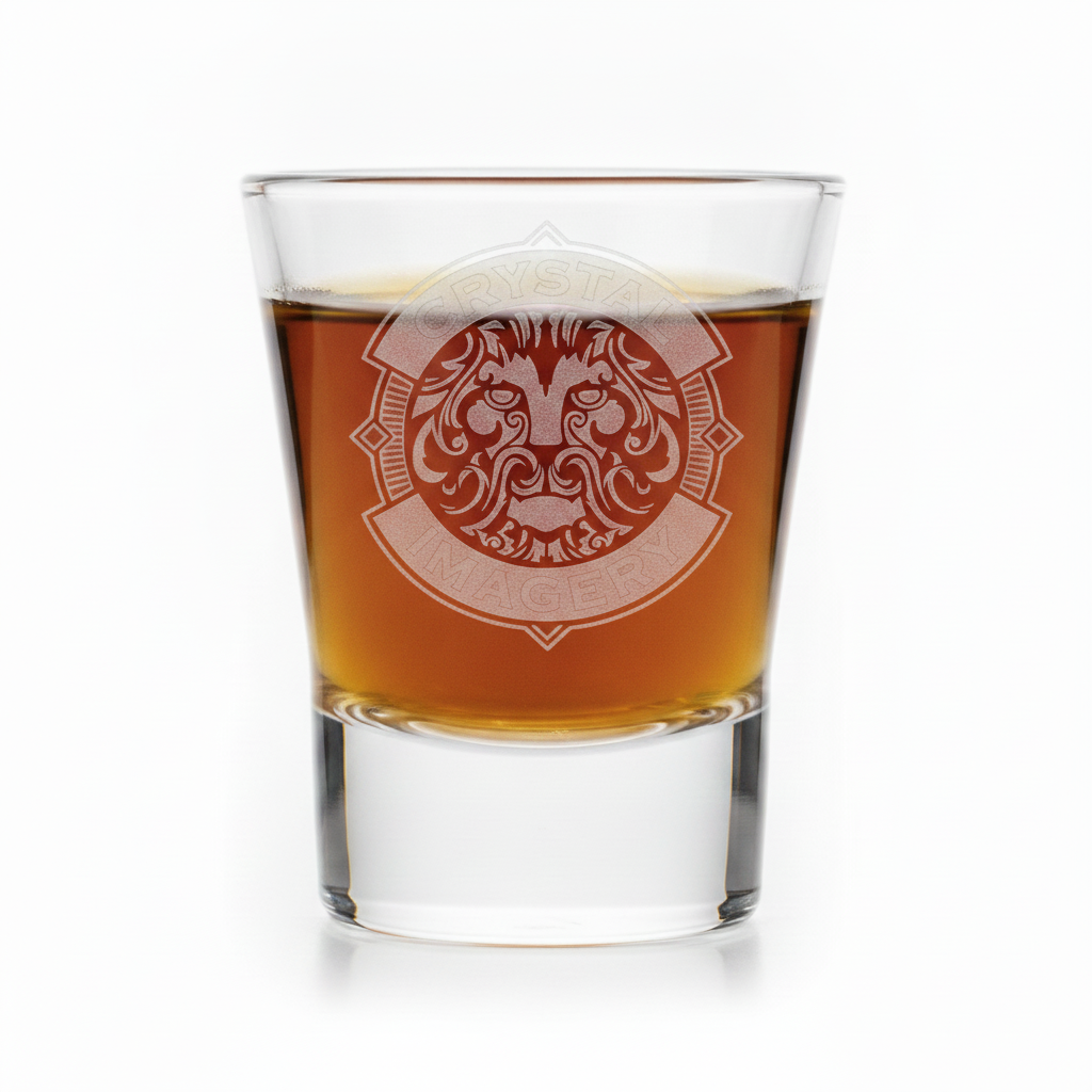 Shot glass filled with amber whiskey, engraved with a custom company logo emblem, a personalized corporate barware gift for client thank-yous and employee gifts.