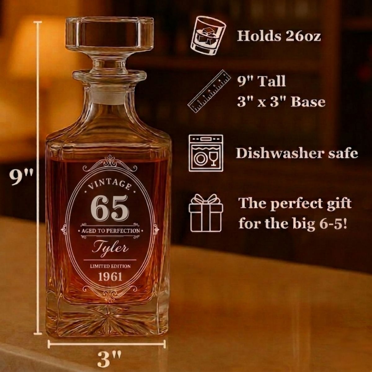 custom 65 year birthday decanter with custom message