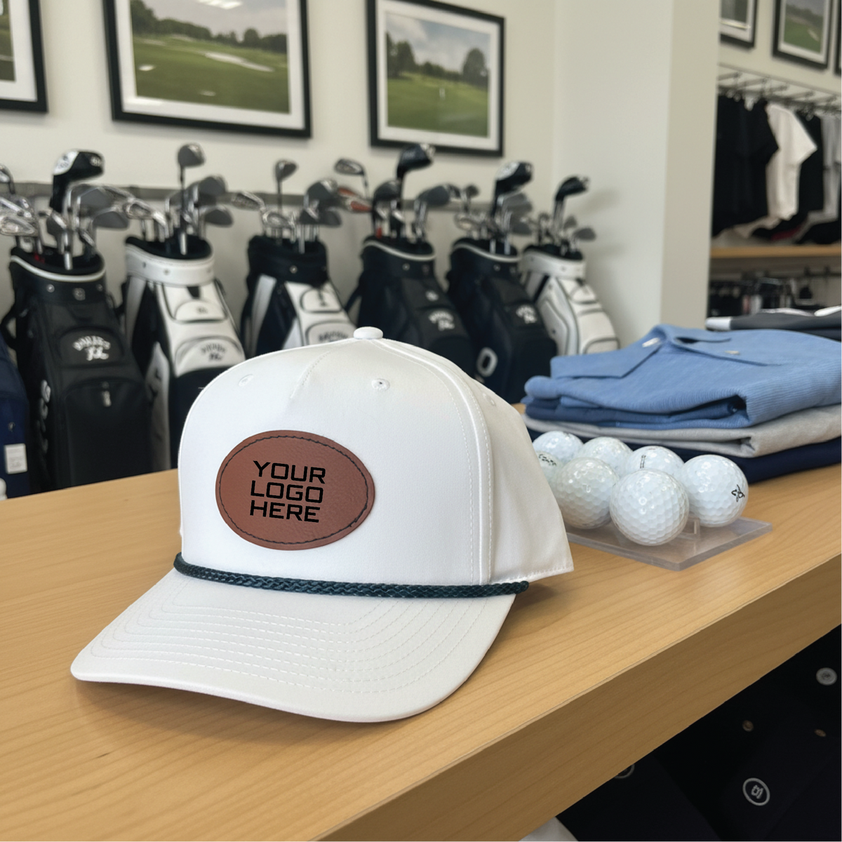 White baseball cap with a leatherette patch showing sample text YOUR LOGO HERE, a custom logo cap for corporate branding.