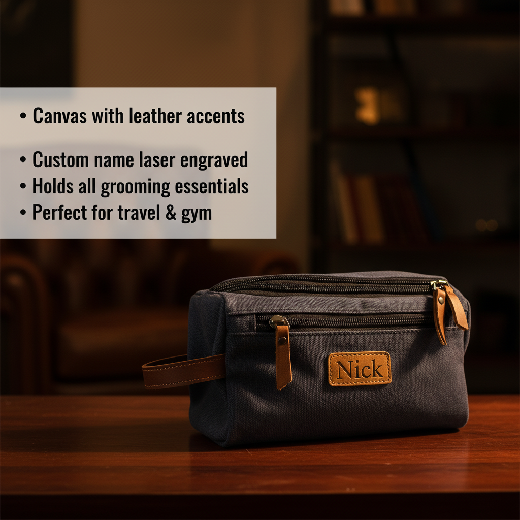 Black canvas toiletry bag with tan leather accents and sample name "Nick" laser-engraved on front patch, displayed on wooden surface