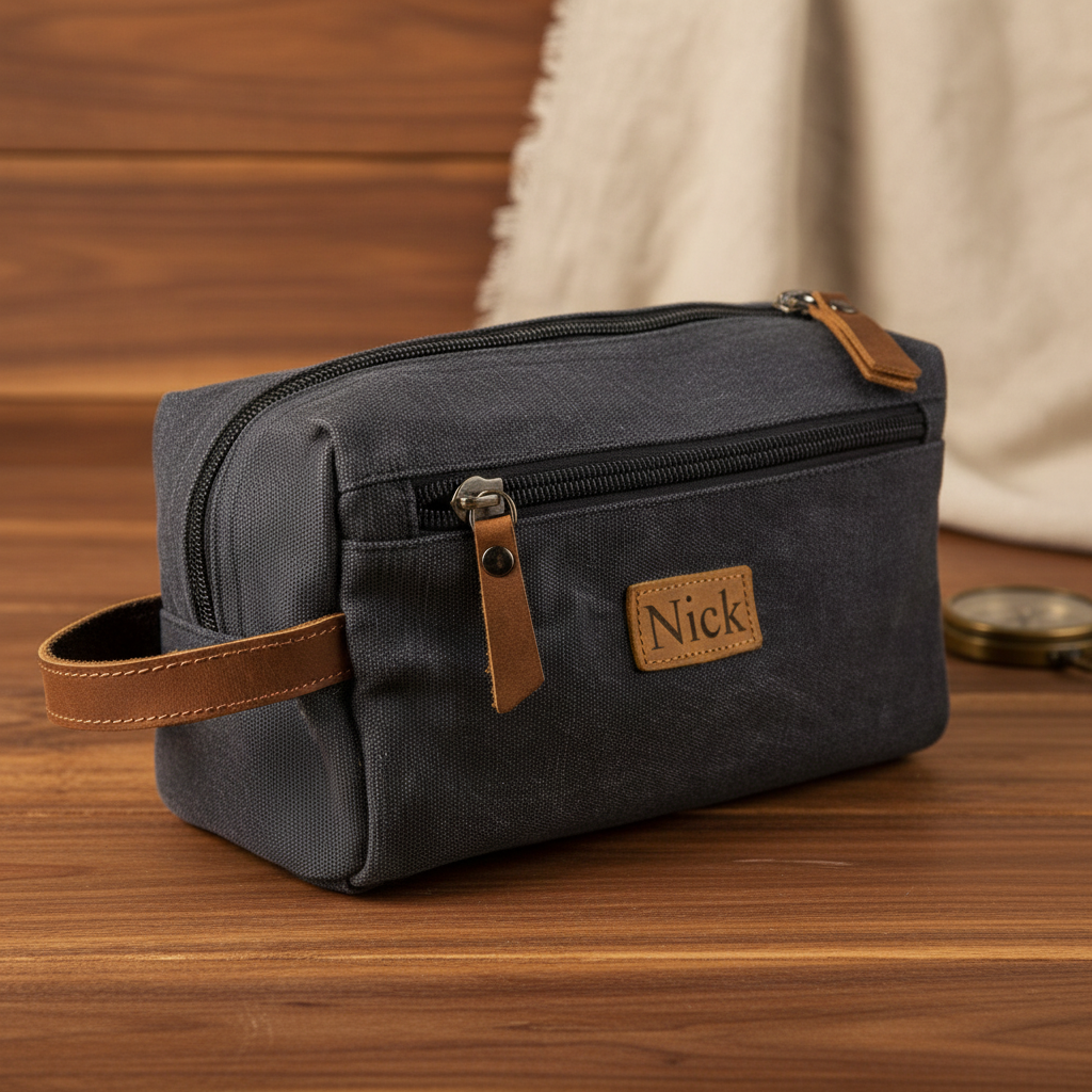 Charcoal canvas toiletry bag with tan leather handles and trim, customized with sample engraving "Nick" on front patch, displayed on wooden surface