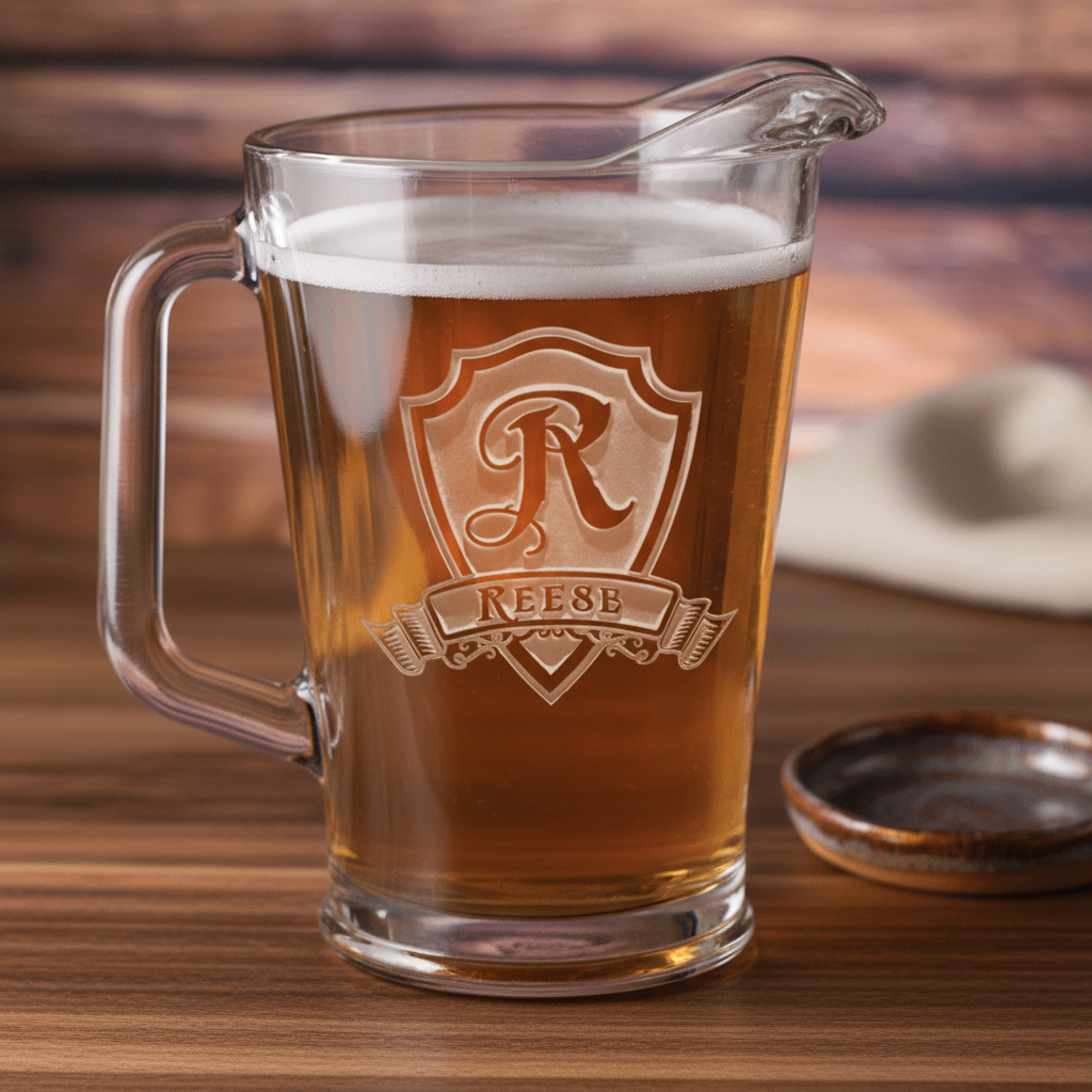 Beer pitcher filled with amber liquid, engraved with sample personalization showing "REESE" on shield crest design with decorative banner below