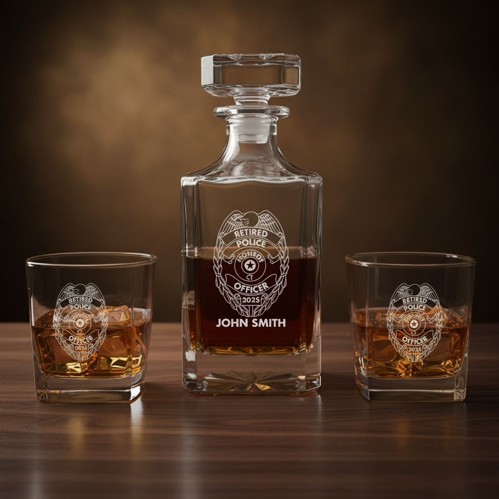 Personalized decanter set with laser-engraved retired police officer badge, name "John Smith" and year 2025, accompanied by two matching glasses filled with whiskey