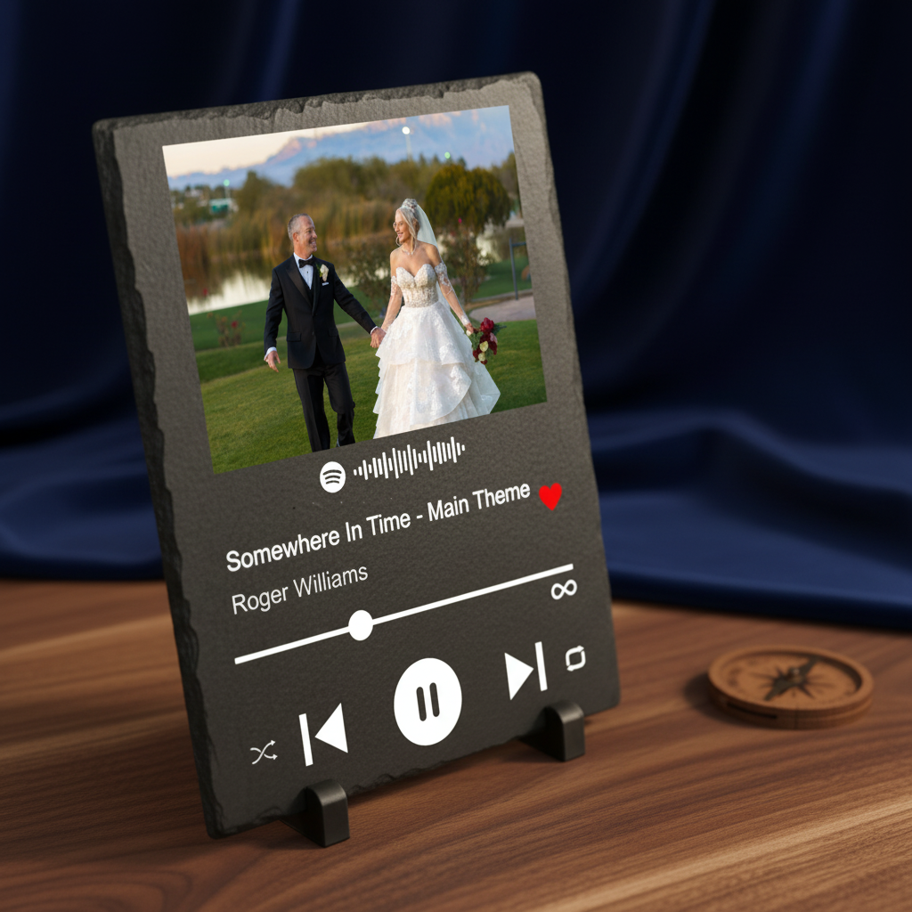 Black slate plaque displaying wedding photo with Spotify player interface showing "Somewhere In Time - Main Theme" by Roger Williams and playback controls