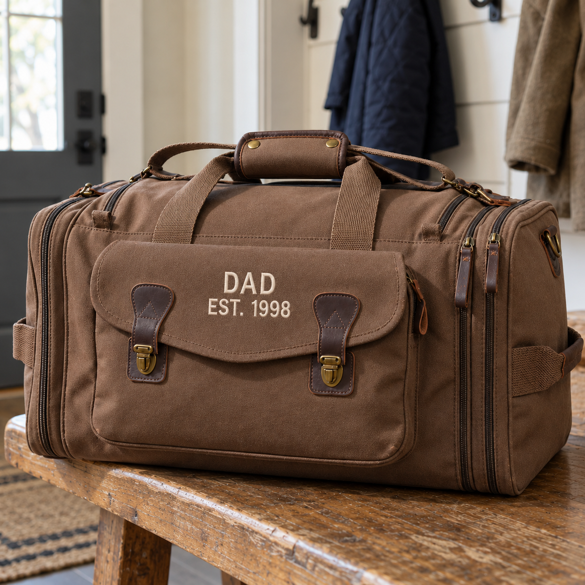 Brown canvas dad duffle bag with leather trim embroidered DAD and EST. 1998 in ivory thread, on a bench in a family home's mudroom