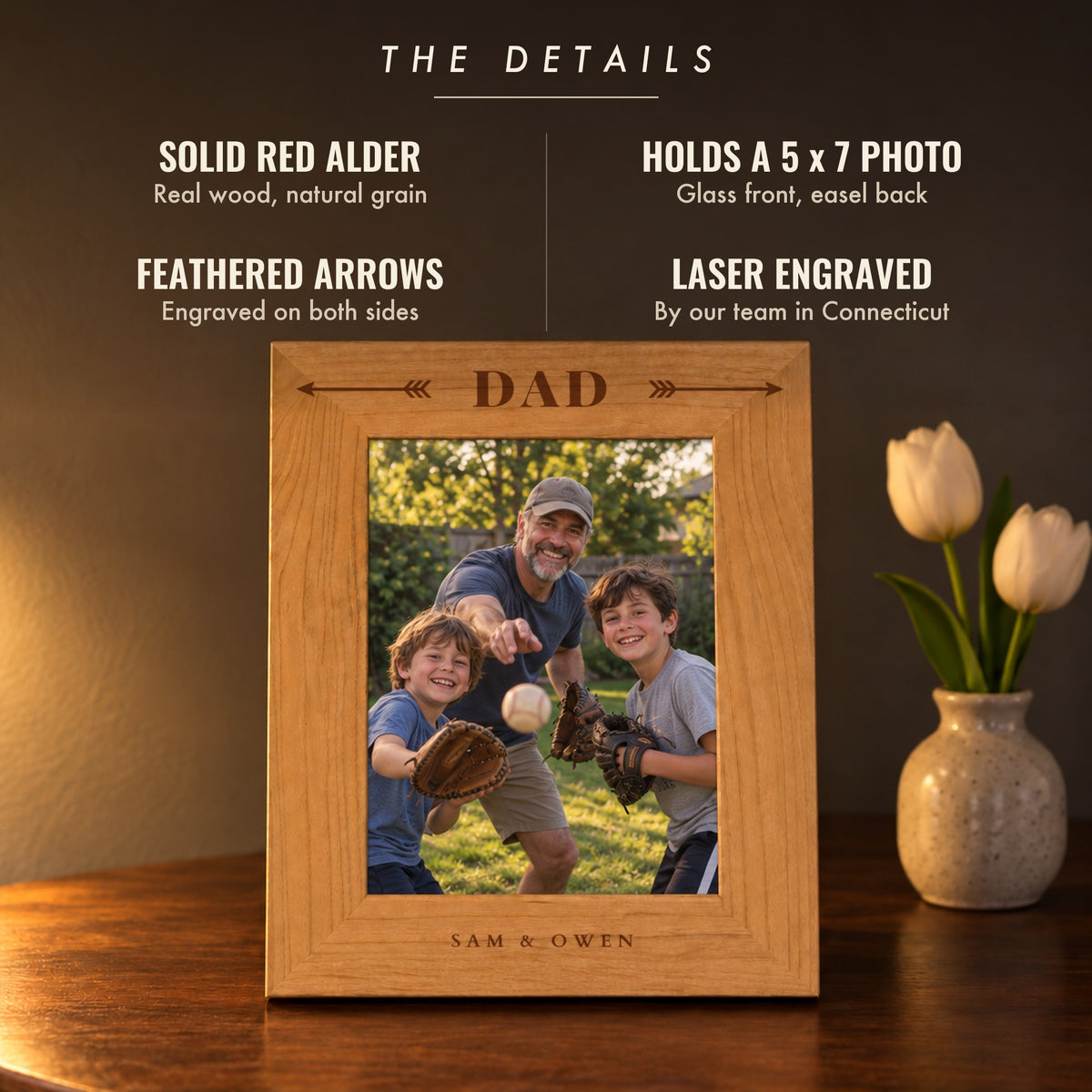 Details of the dad picture frame: solid red alder, holds a 5 x 7 photo, feathered arrows, laser engraved, shown as Dad with Sam & Owen