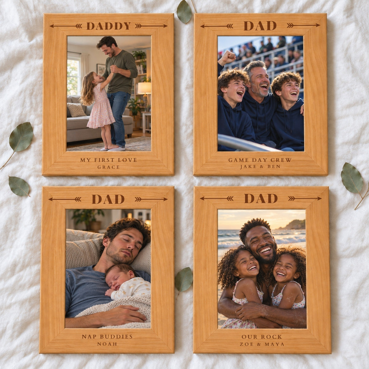 Four engraved dad picture frames: Daddy with My First Love and Grace, Dad with Game Day Crew and Jake & Ben, Dad with Nap Buddies and Noah, and Dad with Our Rock and Zoe & Maya