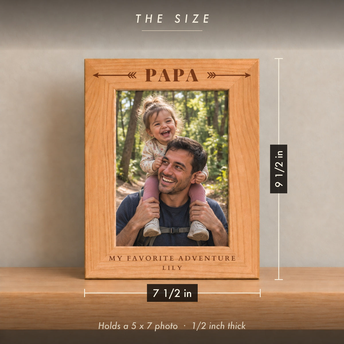 Size of the personalized dad picture frame, 7 1/2 inches wide by 9 1/2 inches tall, holds a 5 x 7 photo, engraved Papa with My Favorite Adventure and Lily