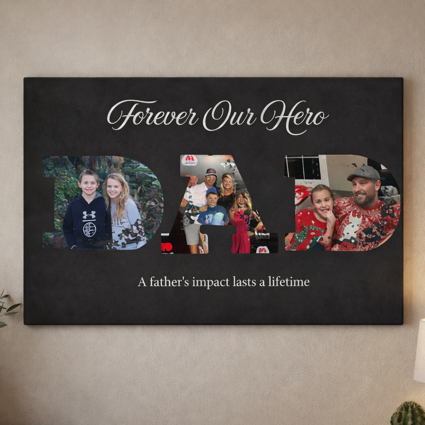 Wall art personalized gift for dad with family photos and text 'Forever Our Hero' in a living room setting.