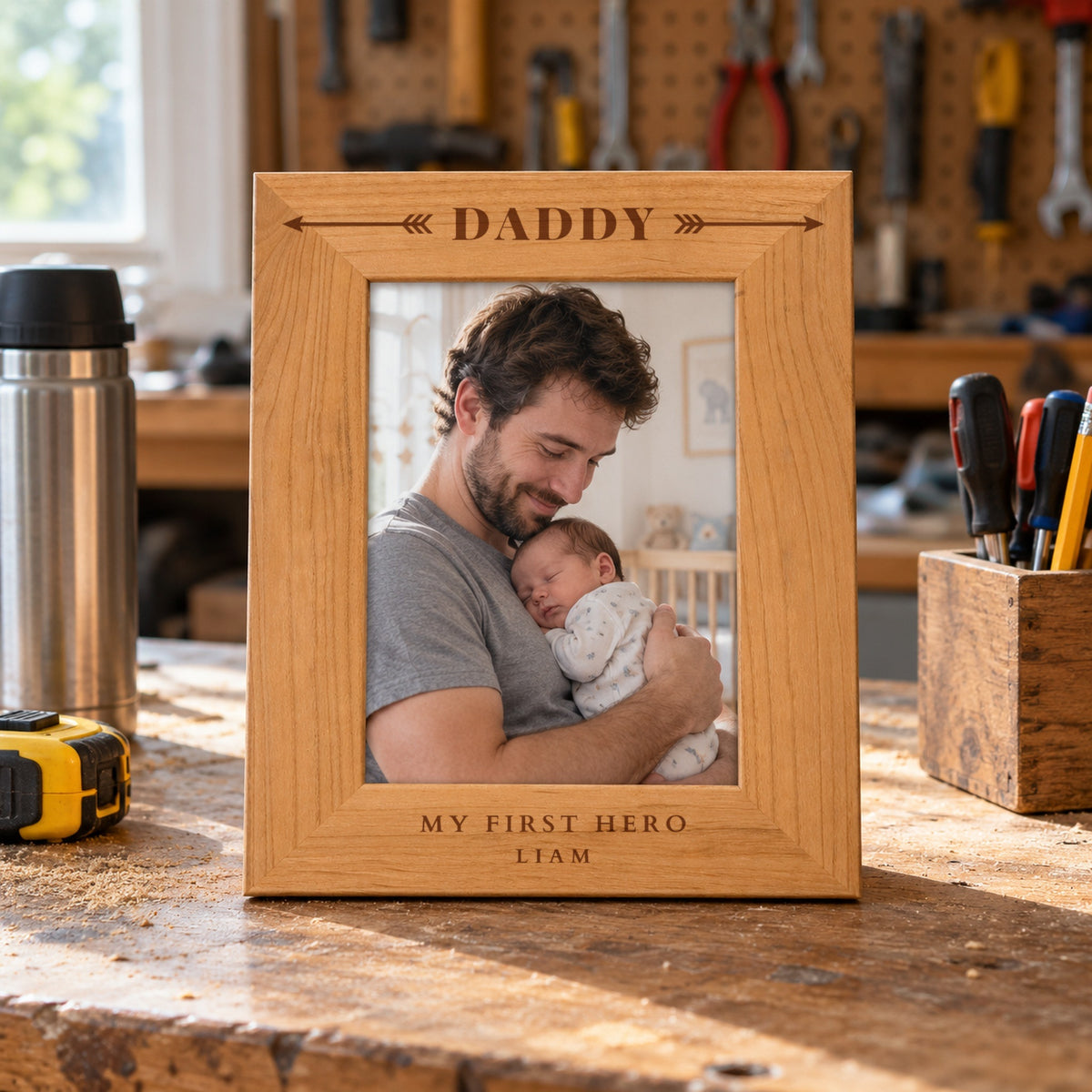 Engraved wood dad picture frame reading Daddy with My First Hero and Liam on a garage workbench, holding a photo of a dad with his newborn son