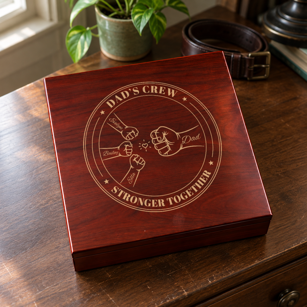 Cherry wood keepsake box for dad on a bedroom dresser, the lid engraved with a Dad's Crew badge of three kids' fists bumping Dad's fist