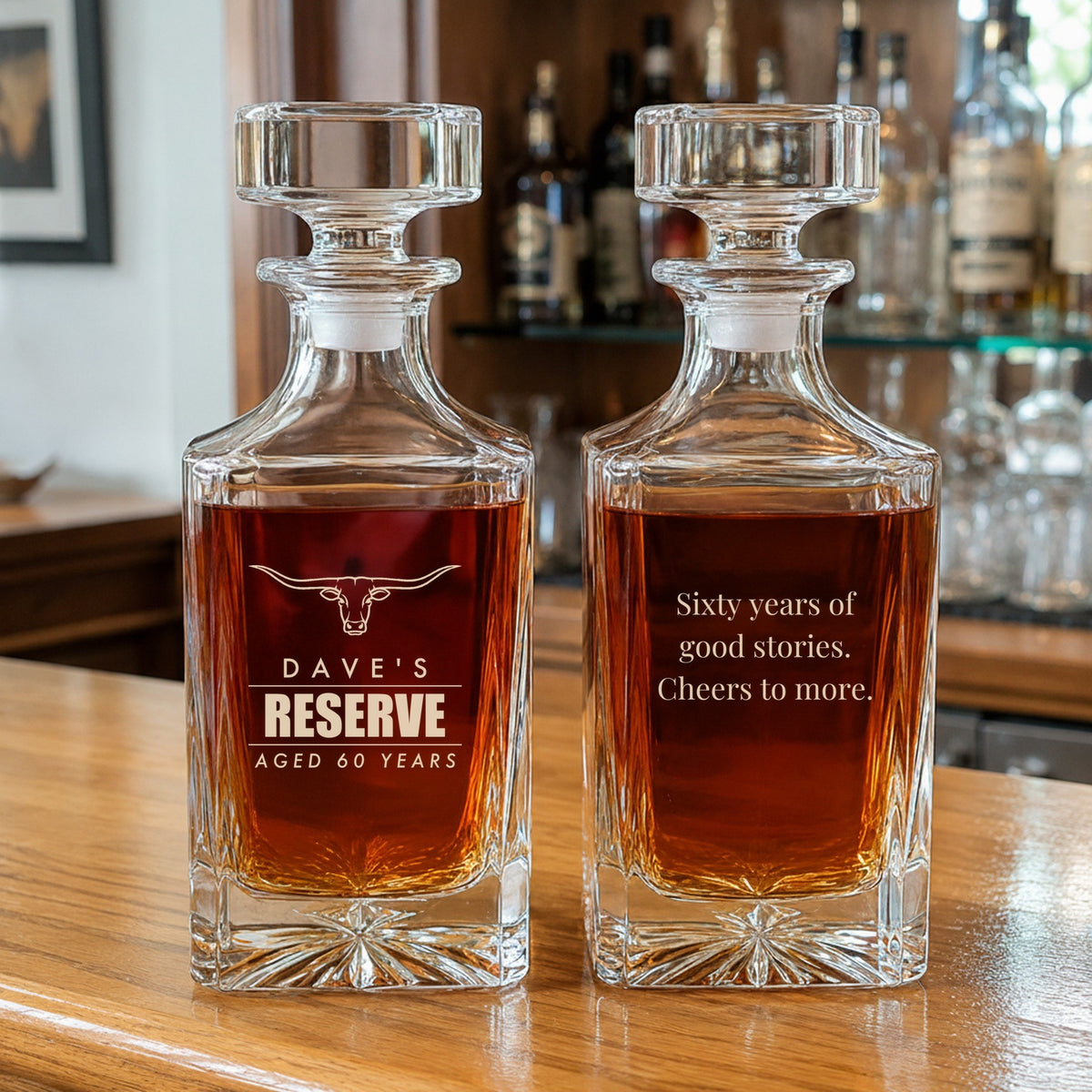 Personalized 60th birthday whiskey decanter engraved Dave's Reserve, Aged 60 Years under a longhorn, with a sixty years birthday message on the back