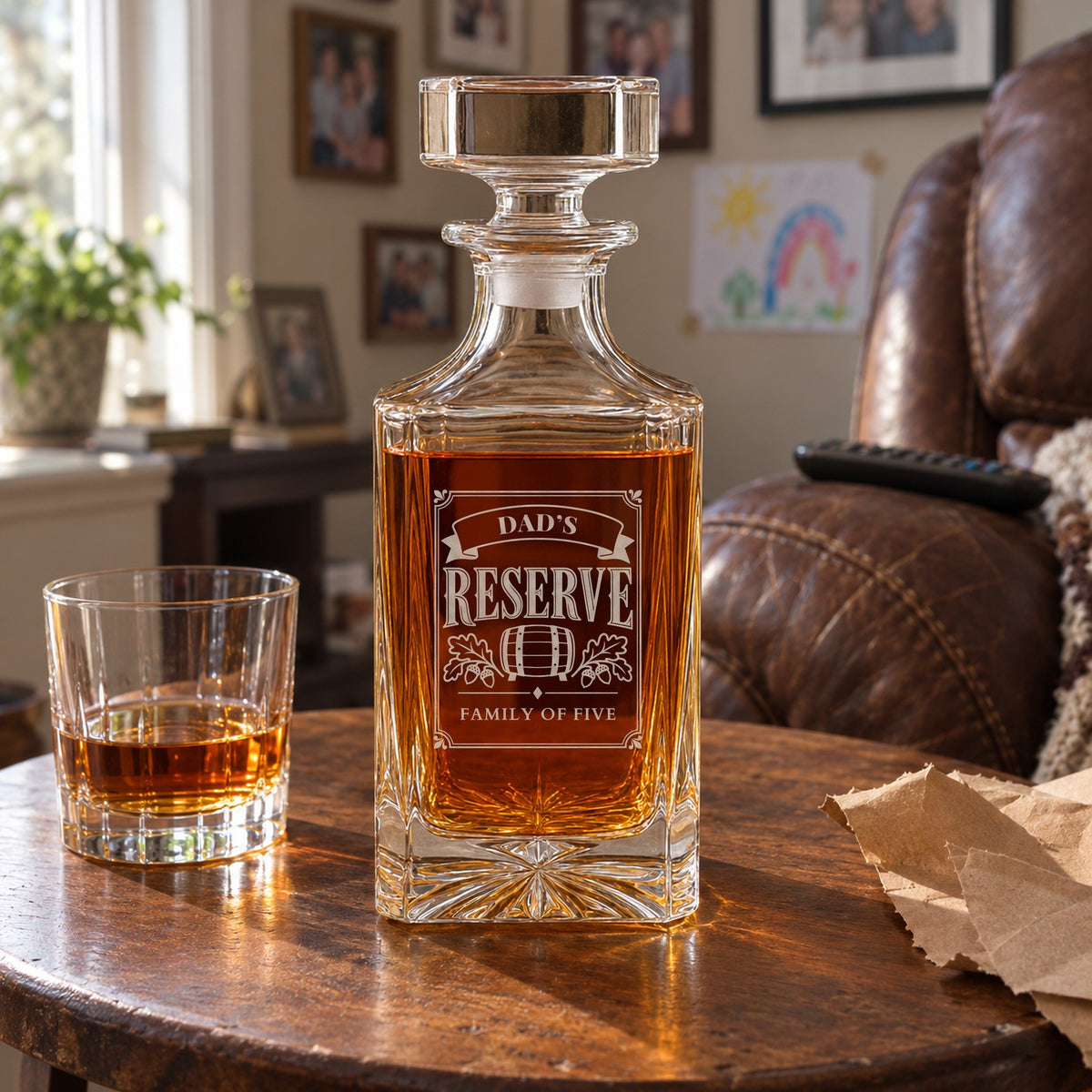 Engraved Dad's Reserve whiskey decanter beside a recliner, kraft wrapping paper and a rocks glass, Family of Five on the label, a gift for dad