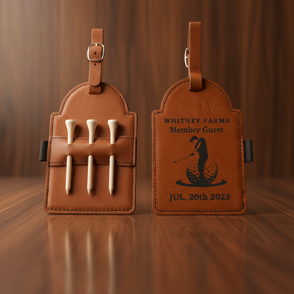 Cognac leather golf bag tag with front showing six wooden tee slots and back engraved with sample text "WHITNEY FARMS Member Guest" with golfer graphic and "JUL. 20th 2023