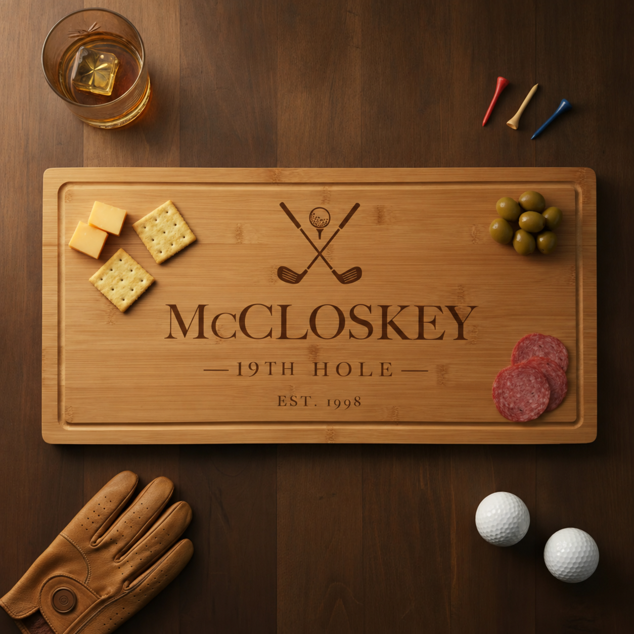Overhead view of a personalized golf cutting board in bamboo, engraved with crossed clubs, a family name, and 19th Hole, styled with whiskey, cheese, crackers, and golf balls.