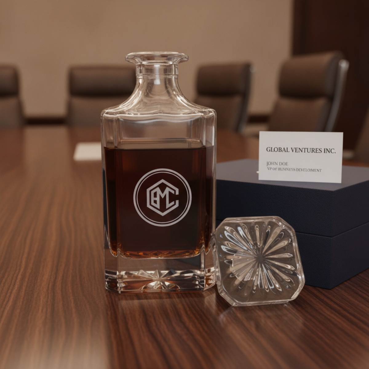 Custom logo crystal whiskey decanter engraved with a sample company monogram emblem on a walnut boardroom table next to a gift box and a business card.