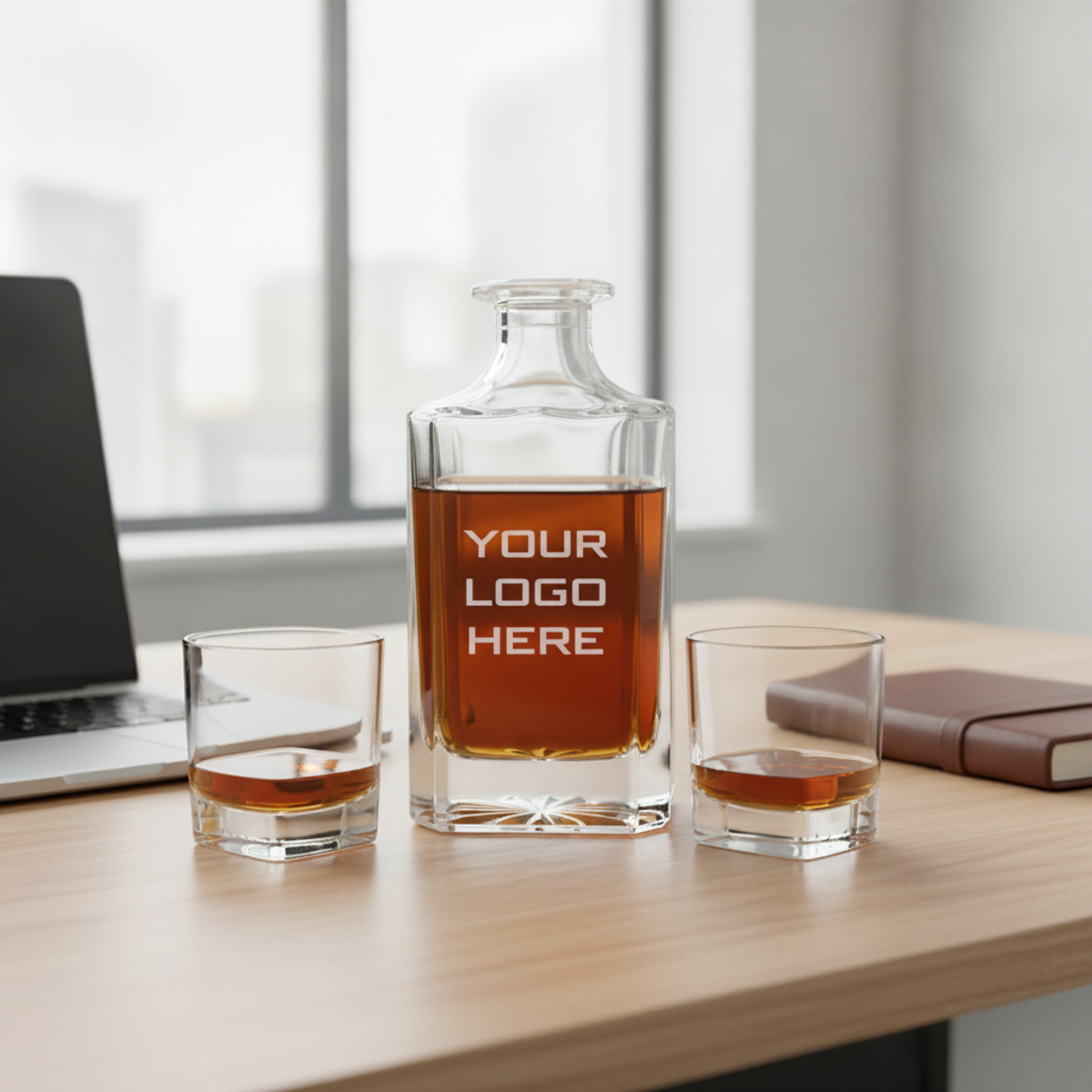 Corporate logo whiskey decanter engraved with a Your Logo Here sample on a bright office desk beside two matching crystal rocks glasses, a laptop, and a leather notebook.
