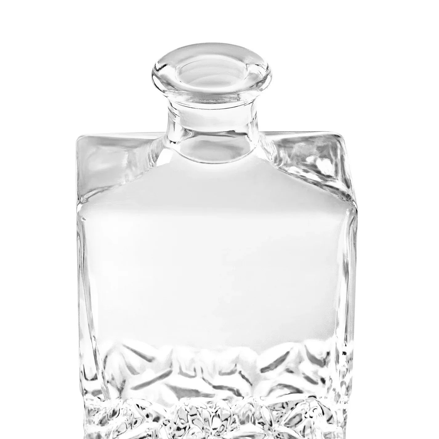 Clear glass decanter with square body, textured base, and glass stopper on white background