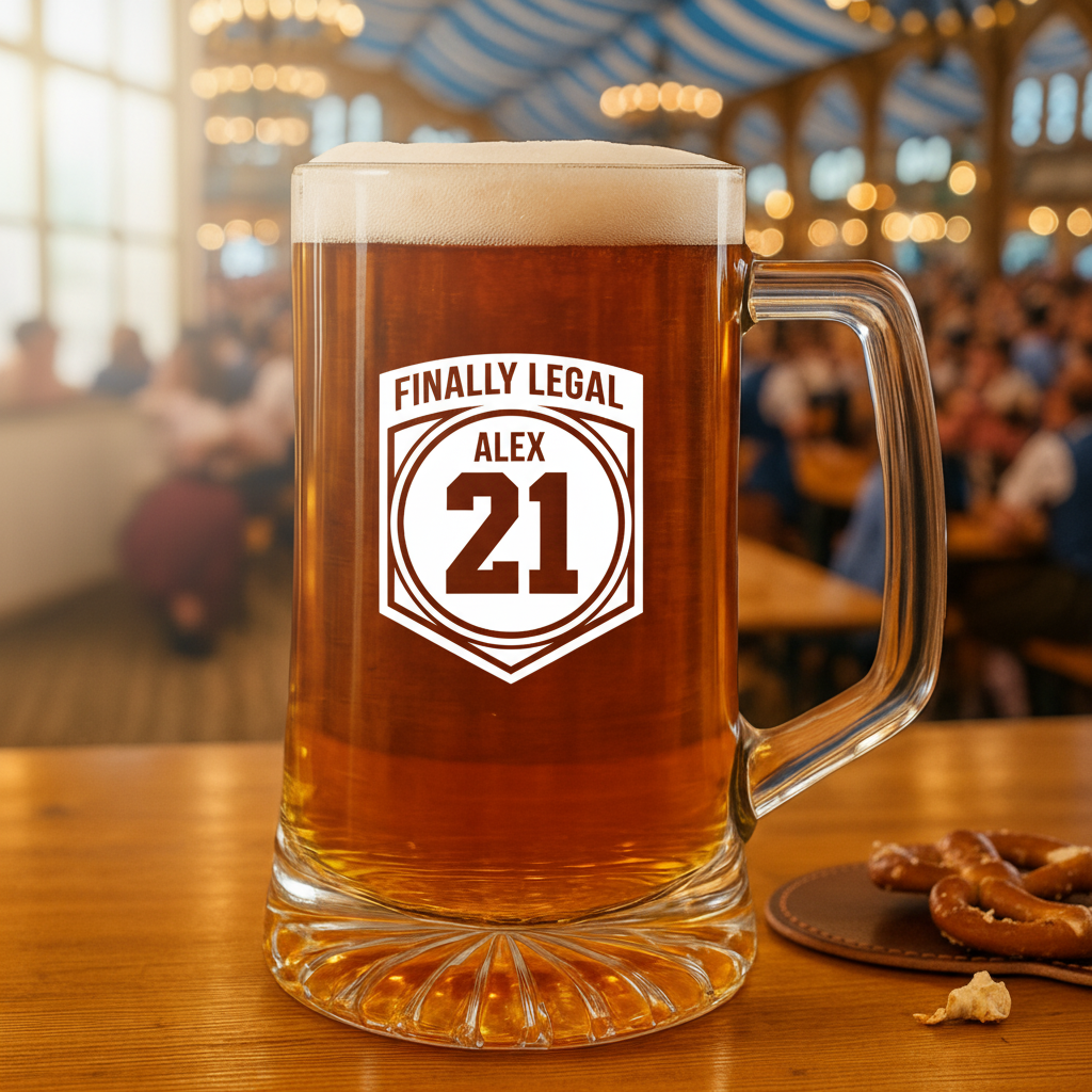 Beer mug filled with amber beer, engraved with sample design reading "Finally Legal" with name "Alex" and age "21" in shield-shaped badge, displayed on wooden table in bar setting.