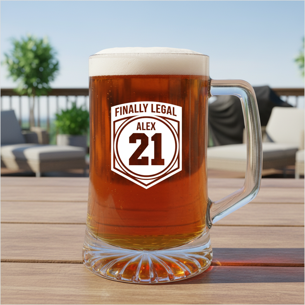 Beer mug filled with amber beer, laser-engraved with sample personalization "Finally Legal ALEX 21" in shield design, displayed on outdoor deck