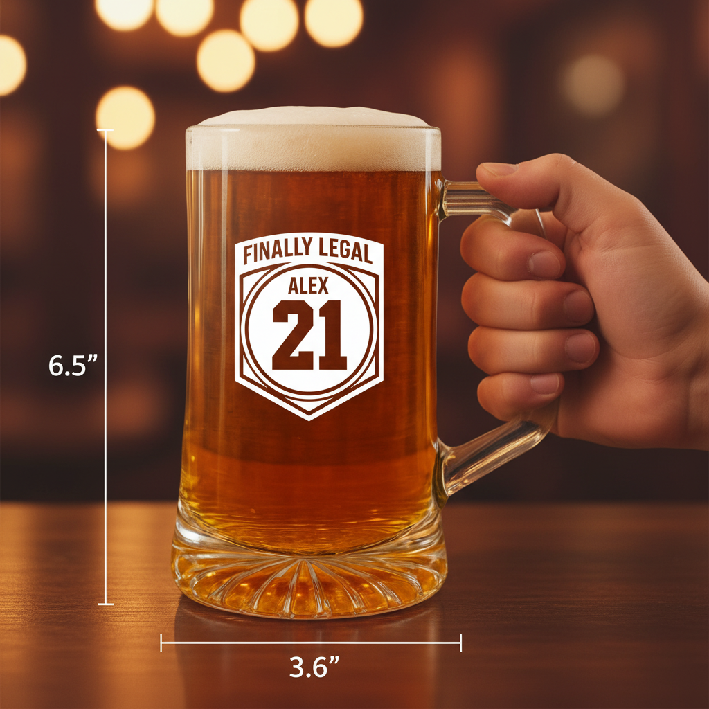 Clear glass beer mug filled with amber beer, engraved with sample personalization reading "Finally Legal ALEX 21" in shield design, held by hand against blurred warm-lit background