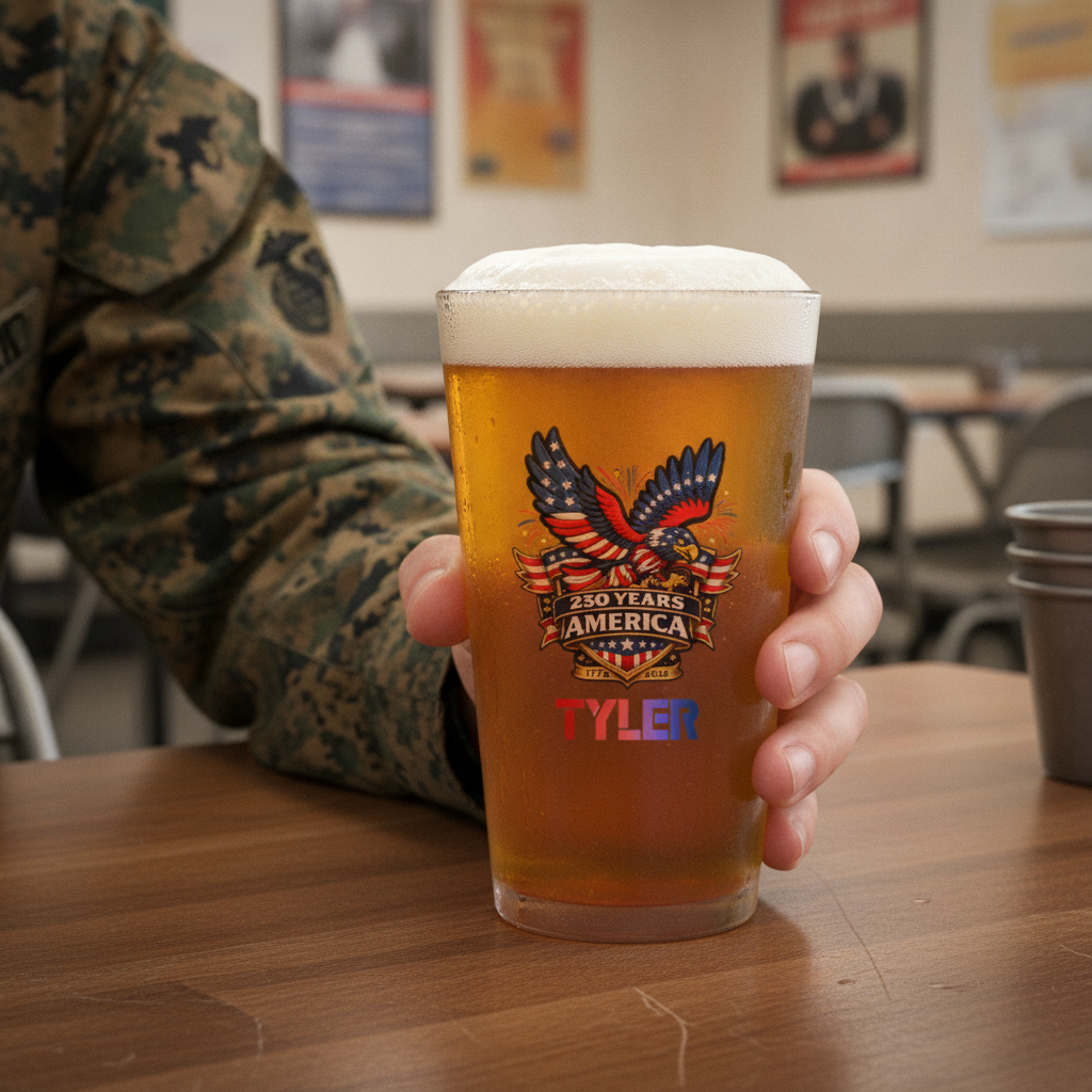 Pint glass filled with beer, engraved with eagle emblem and "250 Years America" design, sample name "Tyler" printed below, held in hand.