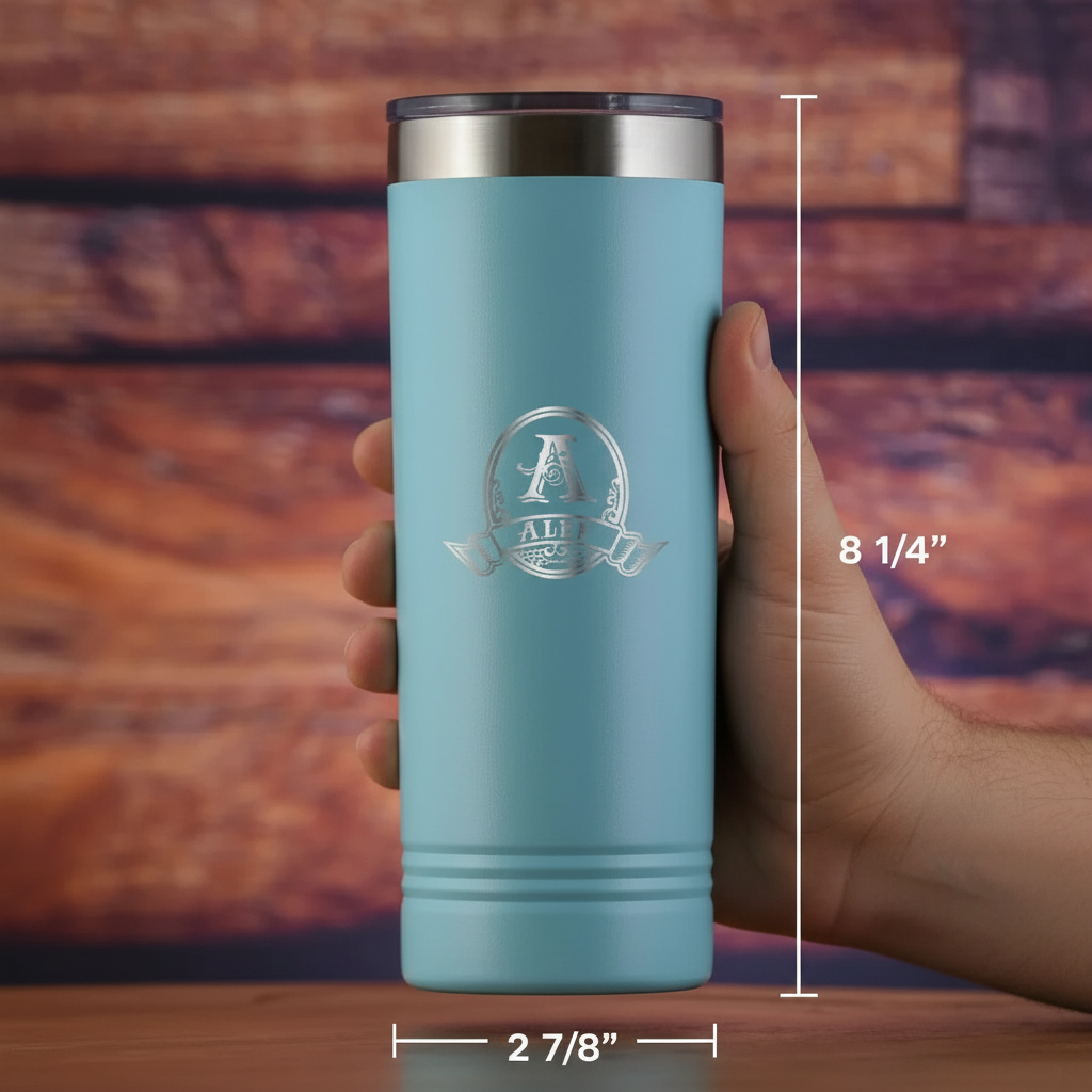 Daily Grind personalized coffee travel tumbler with engraved initial and name on a home bar setup
