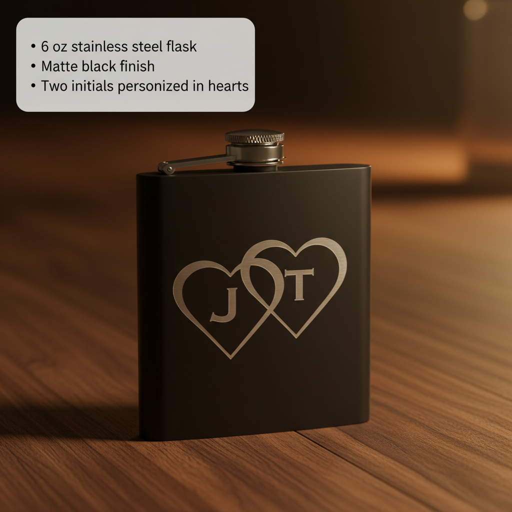 Matte black 6 oz stainless steel flask engraved with sample initials J and T in interlocking heart design