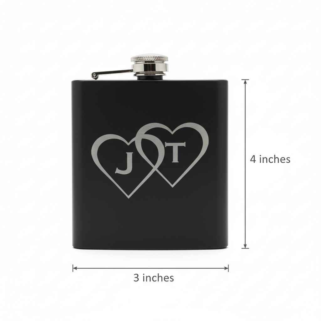 Black matte flask with laser-engraved interlocking hearts design featuring sample initials "J" and "T", shown with dimensions of 4 inches tall by 3 inches wide