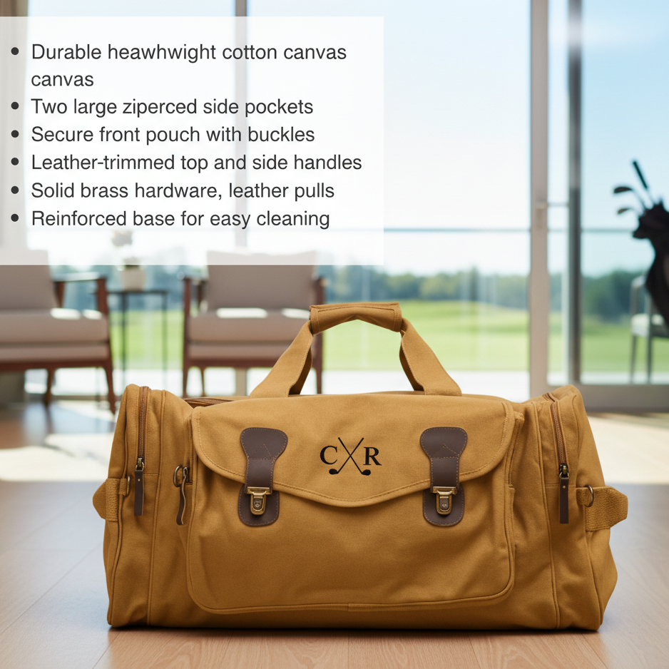 Golf coach duffle bag showing the roomy main compartment and zippered pockets for shoes and range gear.