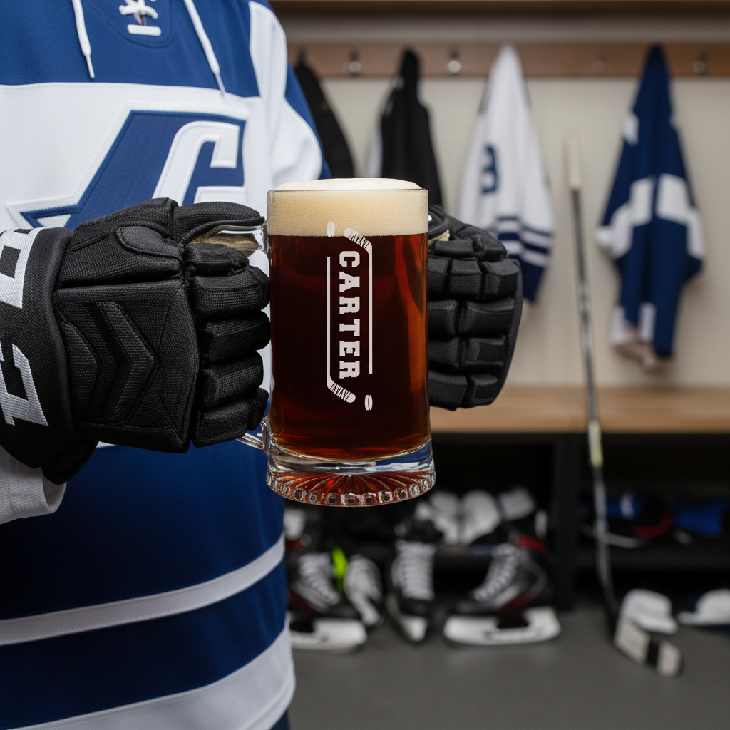 Personalized beer mug engraved with sample name "CARTER" and crossed hockey sticks, held by gloved hand in hockey locker room setting with jerseys and equipment visible behind