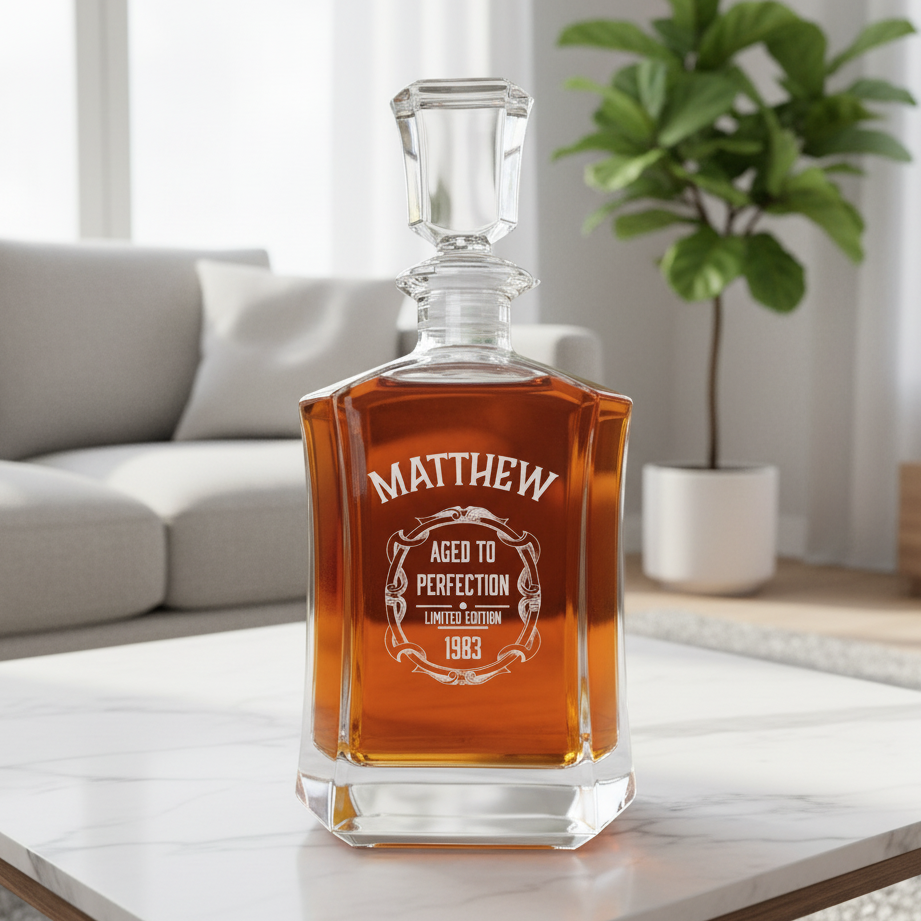 Personalized whiskey decanter on a marble surface with a living room background