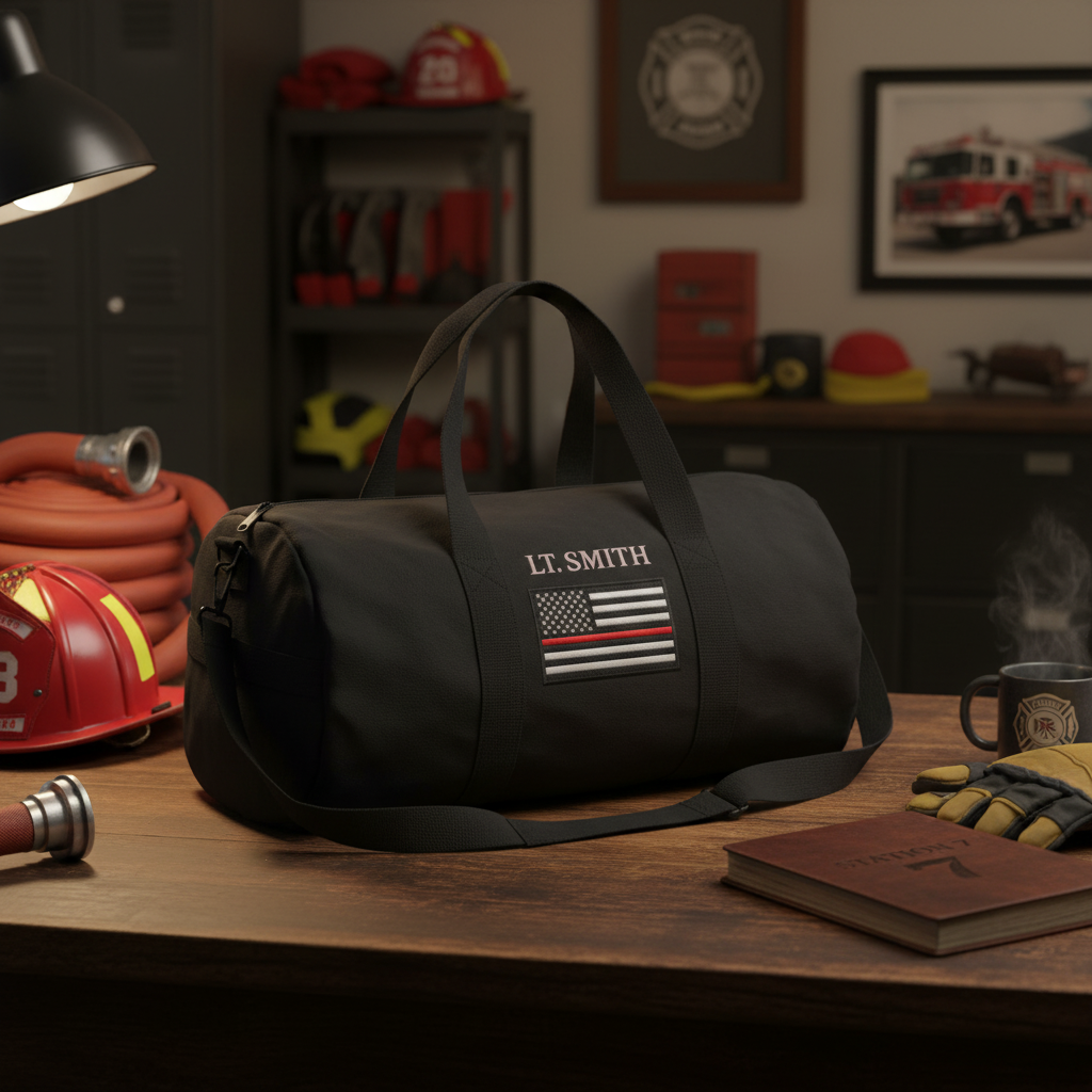 Black canvas duffle bag personalized with sample name "LT. SMITH" and thin red line American flag emblem, displayed on wooden desk with firefighter gear