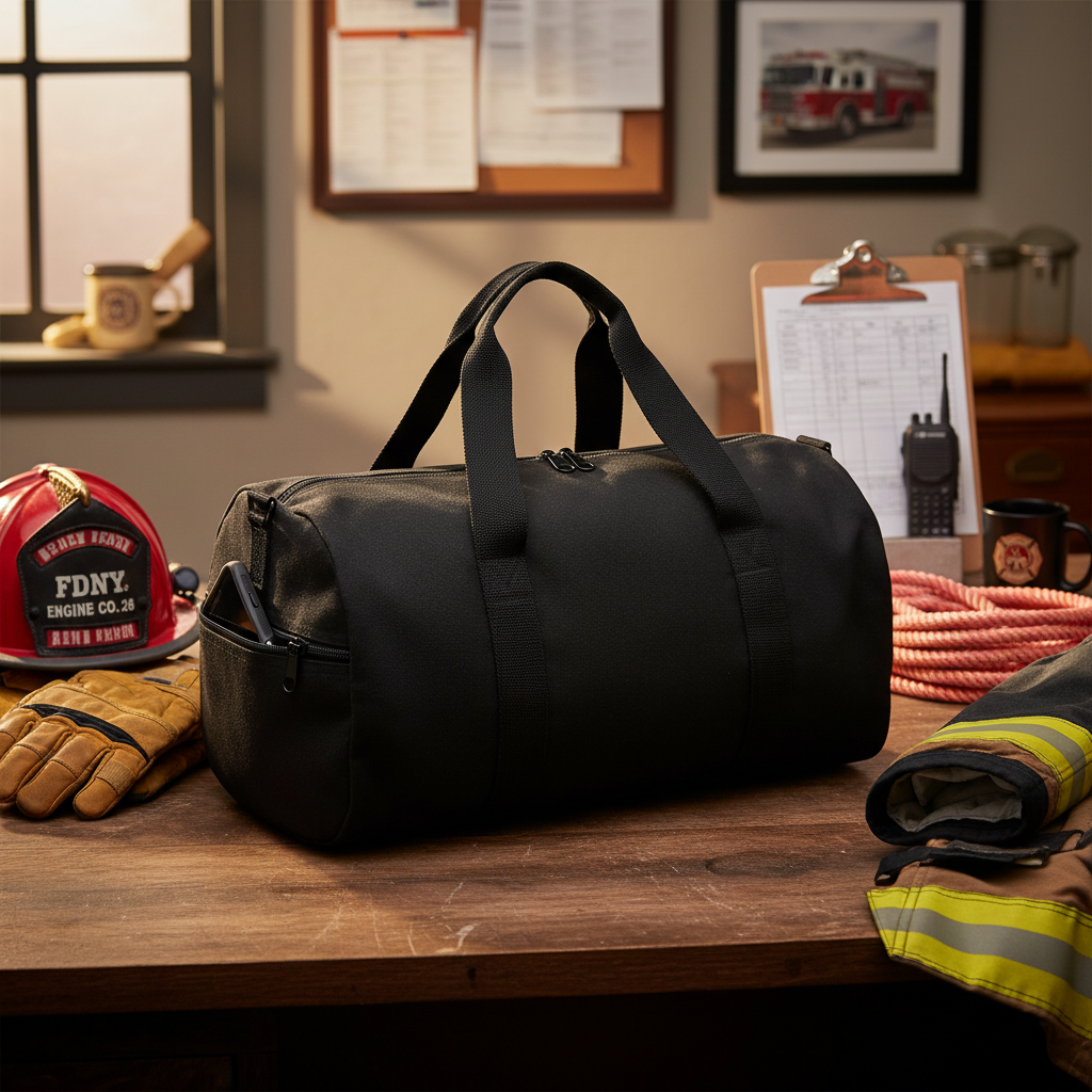 Black canvas duffle bag with dual handles displayed on wooden desk surrounded by firefighter gear including helmet, gloves, and reflective vest