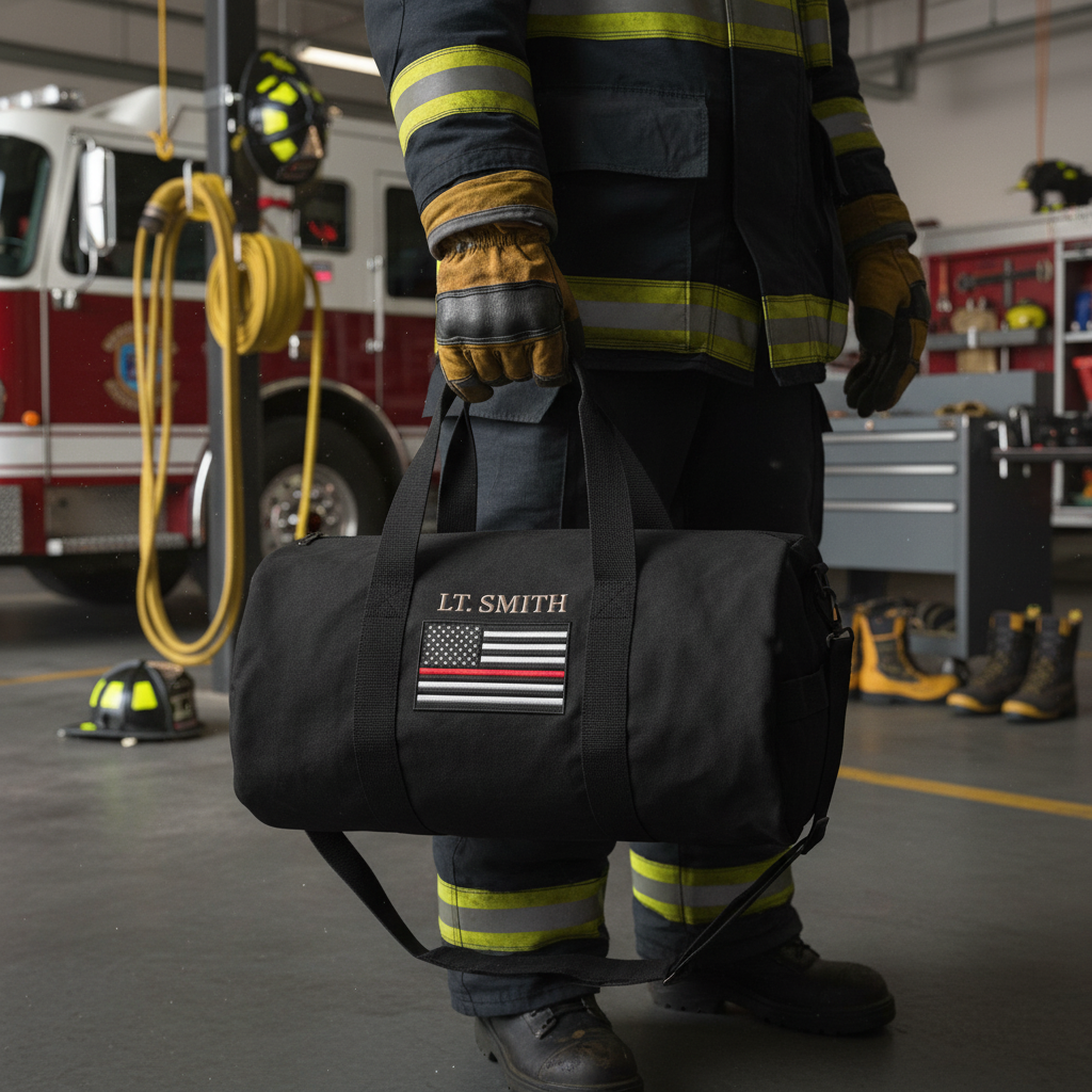 Black canvas duffle bag with embroidered thin red line flag and personalized text reading "LT. SMITH", held by firefighter in full gear inside fire station