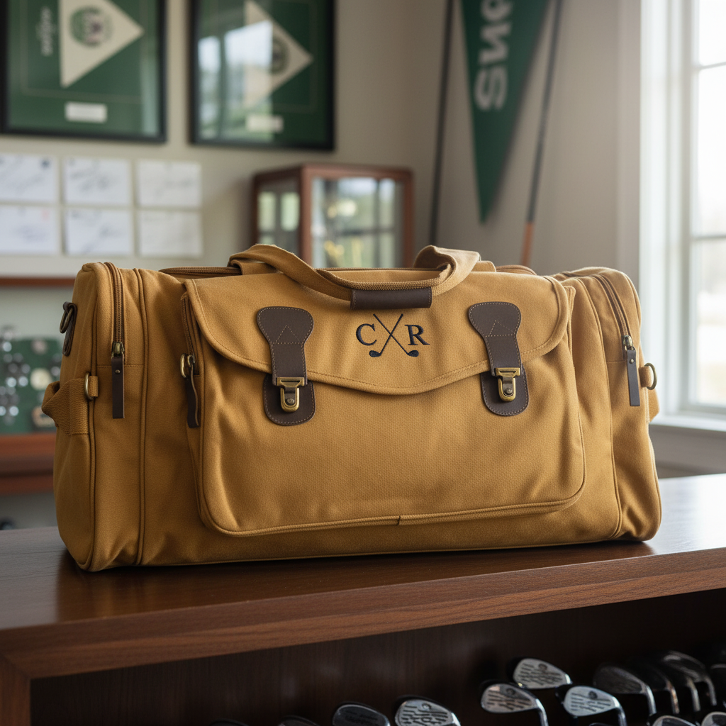 Tan canvas golf coach duffle bag with an embroidered crossed golf clubs monogram and two initials, staged in a golf clubhouse, a personalized golf coach gift.