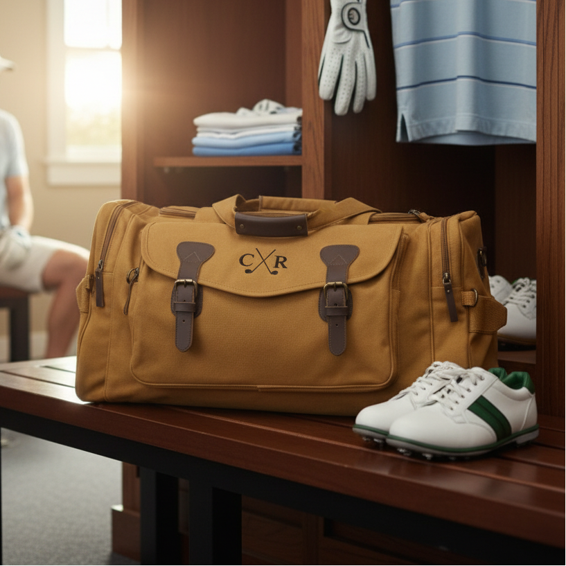 Tan golf coach duffle bag on a locker room bench beside golf shoes, embroidered with crossed clubs and two initials.