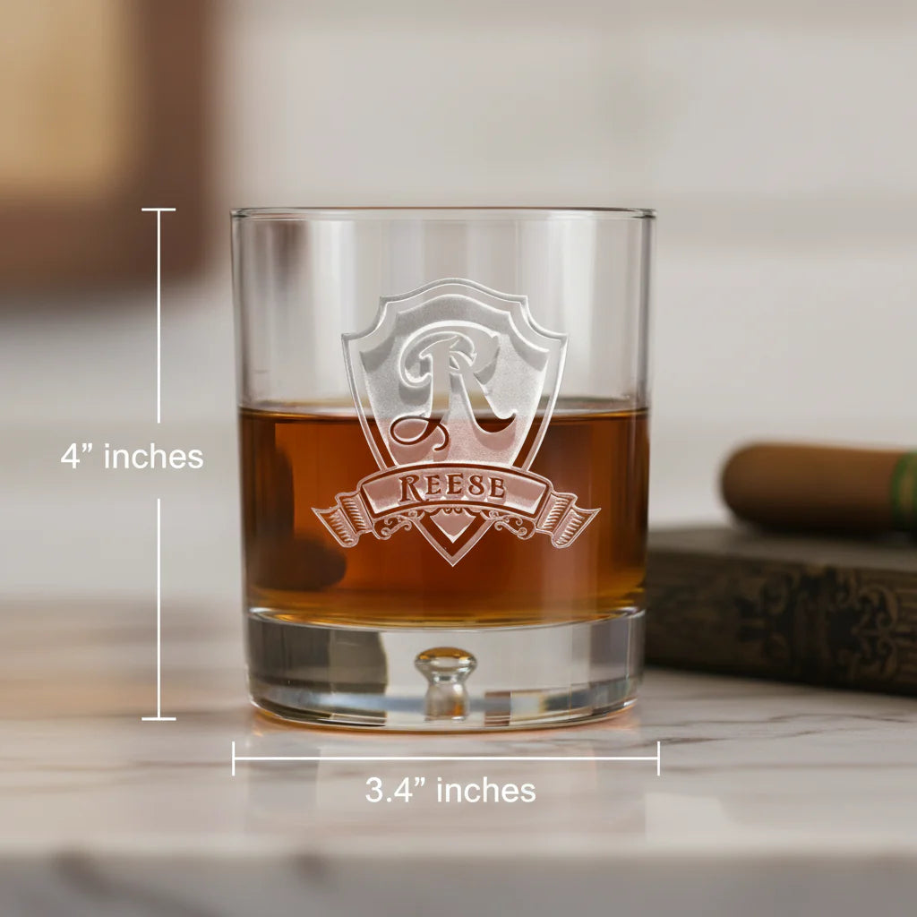Highland Monogram personalized bourbon glass set of four with sand-carved monogram as a gift idea
