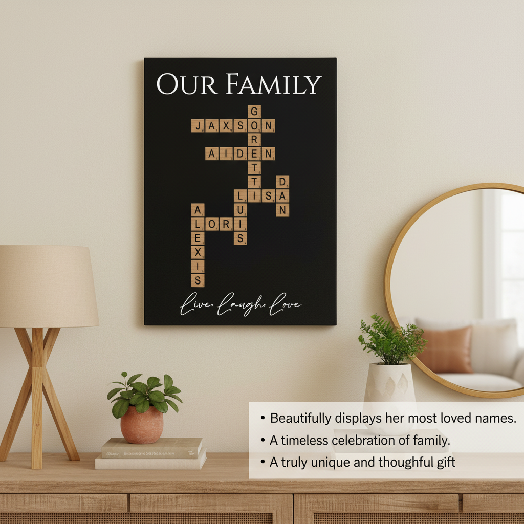 Black wall sign with sample family names arranged in crossword pattern, including Jaxson, Aiden, and Lisa, with "Live Laugh Love" text below, displayed above wooden dresser with lamp and mirror