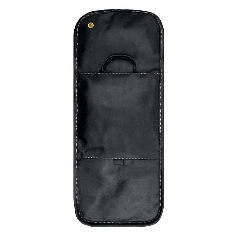 Full grain leather hanging wash bag with waterproof lining and multiple compartments for men.