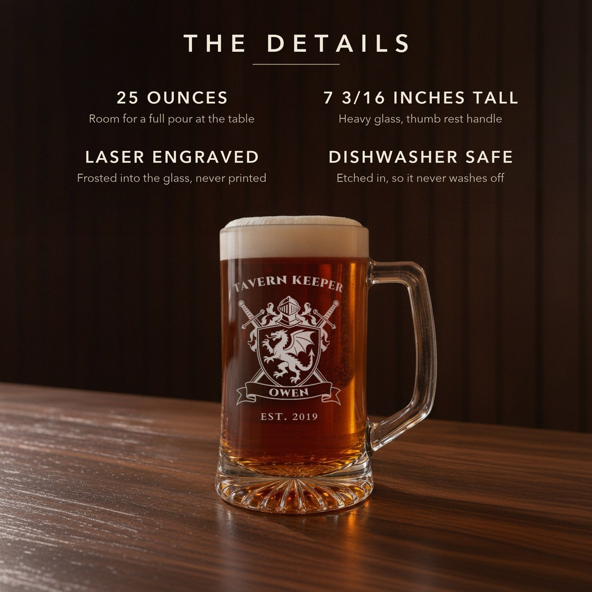 Details card for the dragon crest gamer beer mug: 25 ounces, 7 3/16 inches tall, laser engraved and dishwasher safe, shown with TAVERN KEEPER and OWEN